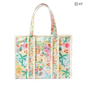 Roller Rabbit Canvas Tote in Multi Pastel Print with Fringe